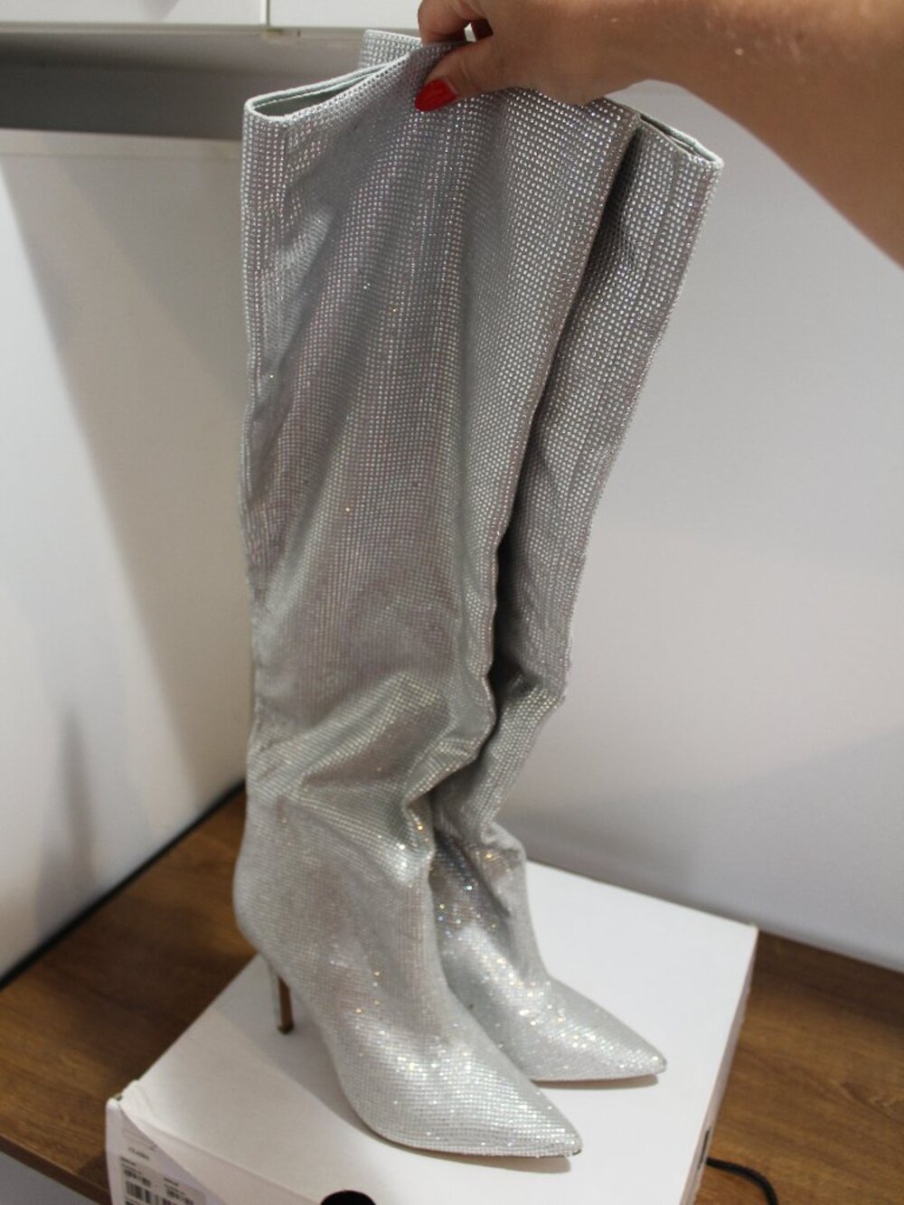 ALDO Claira Silver Rhinestone Crystal Slouchy Knee High Stiletto Boots Size 9